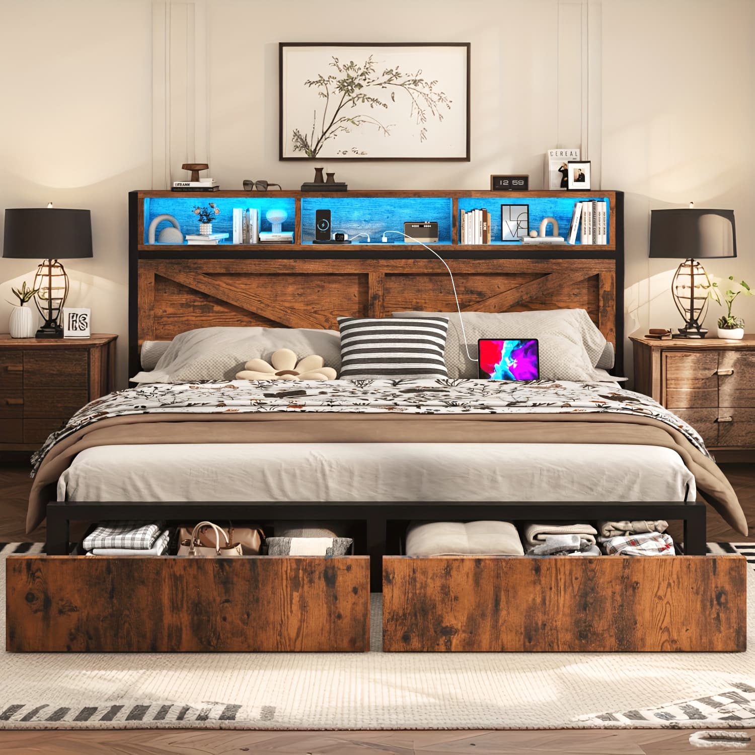 TEMU Farmhouse Bed Frame With Storage Headboard And Drawers, Led Light And Charging Outlet, , Spring Needed
