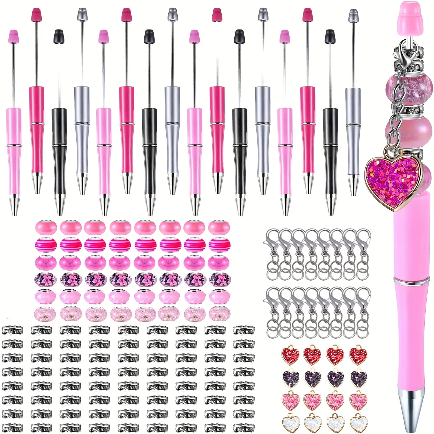 TEMU 168 Heart-shaped Pendant Bead Pen Set, 16 Bead Pens, 60 Large Hole Beads, 60 Spacer Beads, 16 Heart-shaped Pendants, And 16 Lobster Clasps Diy Made -shaped Bead Pens For Office School Gifts