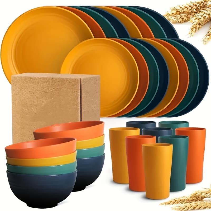 TEMU 16/32pcs Kitchen Plastic Wheat Straw Dinnerware Set, Service For 8, Dinner Plates, Dessert Plate, Cereal Bowls, Cups, Unbreakable Colorful Plastic Outdoor Camping Dishes