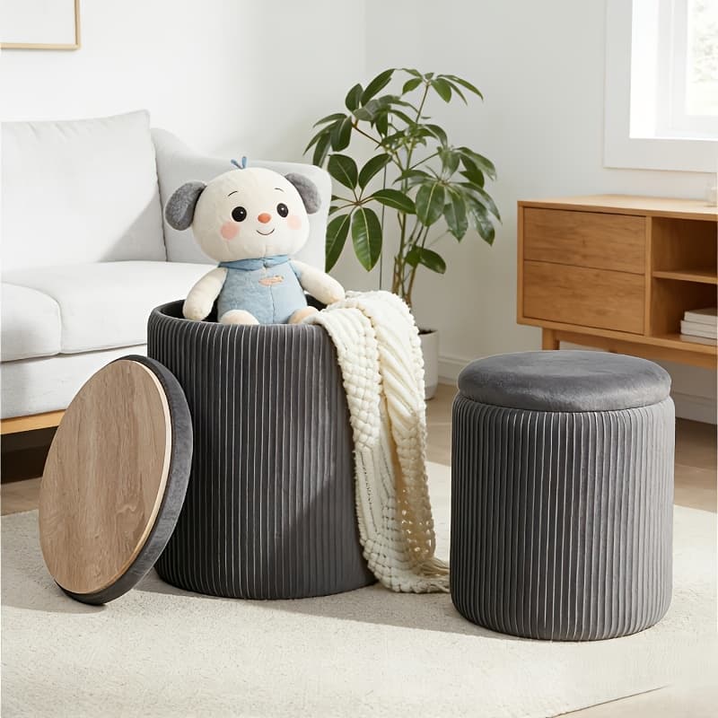 TEMU Set Of 2 Round With Lids - Upholstered Vanity Stools, Hidden For Living Room, Sturdy Coffee Table Alternative, Easy Assembly