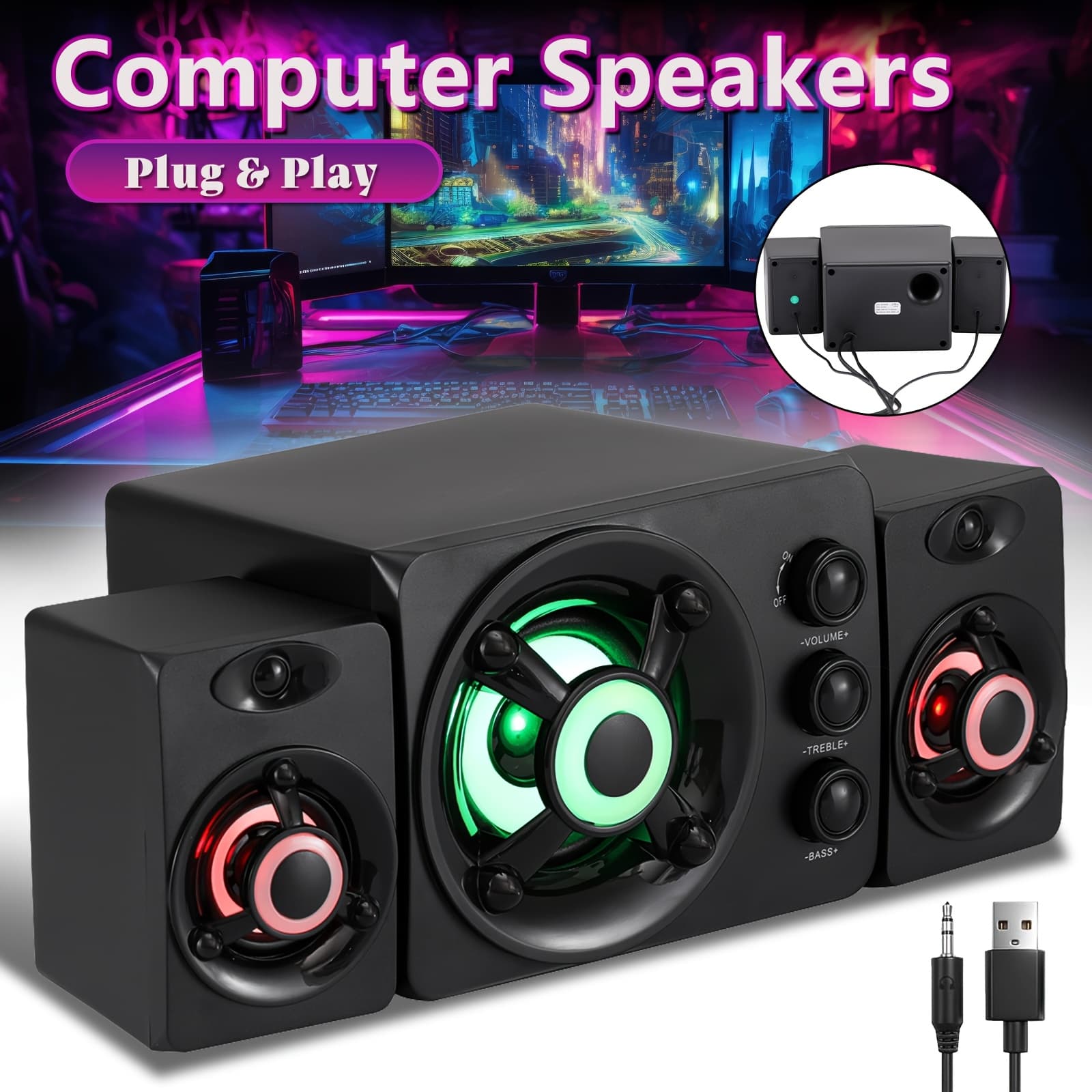 TEMU Computer Speakers With Subwoofer - Gaming Speakers Pa System, With , Rgb Lighting, Usb Powered, Plug And Play, 3.5mm Aux In For Desktop, Monitor, Laptop, Compact & Portable