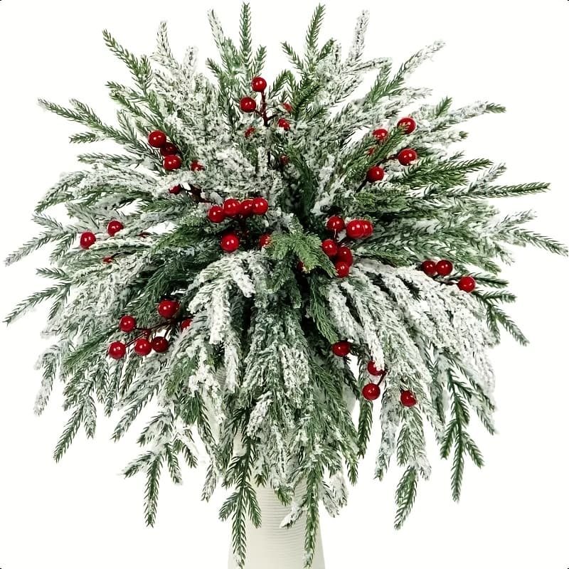 TEMU 20pcs 14in Artificial Christmas Greenery Stems With Red Berries For Diy Wreaths, Tree Decor, Holiday Centerpieces, Indoor Home Decor, Christmas Vase Fillers