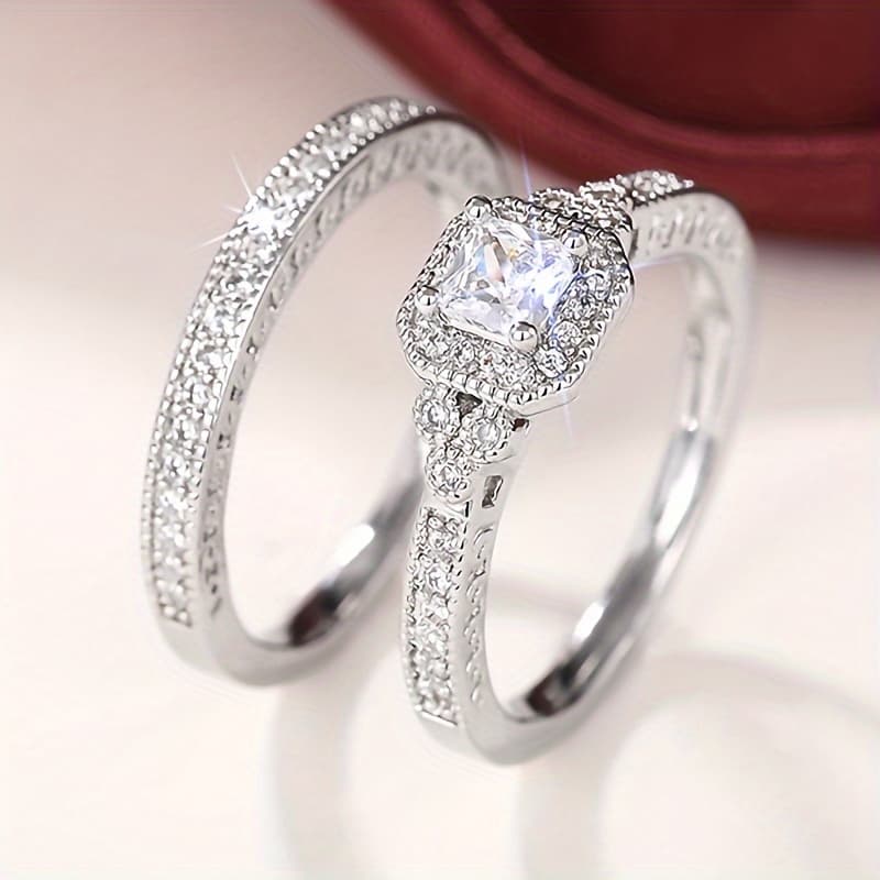 TEMU 2 Fashionable And Luxurious Women's Couple Rings Copper Inlaid Synthetic Zirconia Ring High-end Women's Set Ring Proposal Engagement Ring Festival Commemorative Gift Finger Ring Jewelry