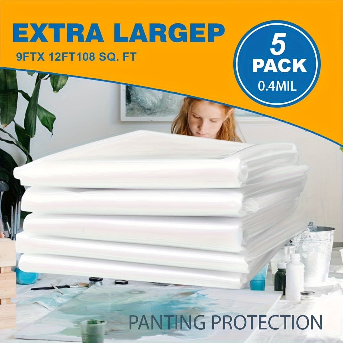 TEMU Set Of 5 Plastic Drop Cloths, Measuring 12x9 Feet, Designed For And Professional Painters, Offering Waterproof Protection For Floors And Furniture, And Reused