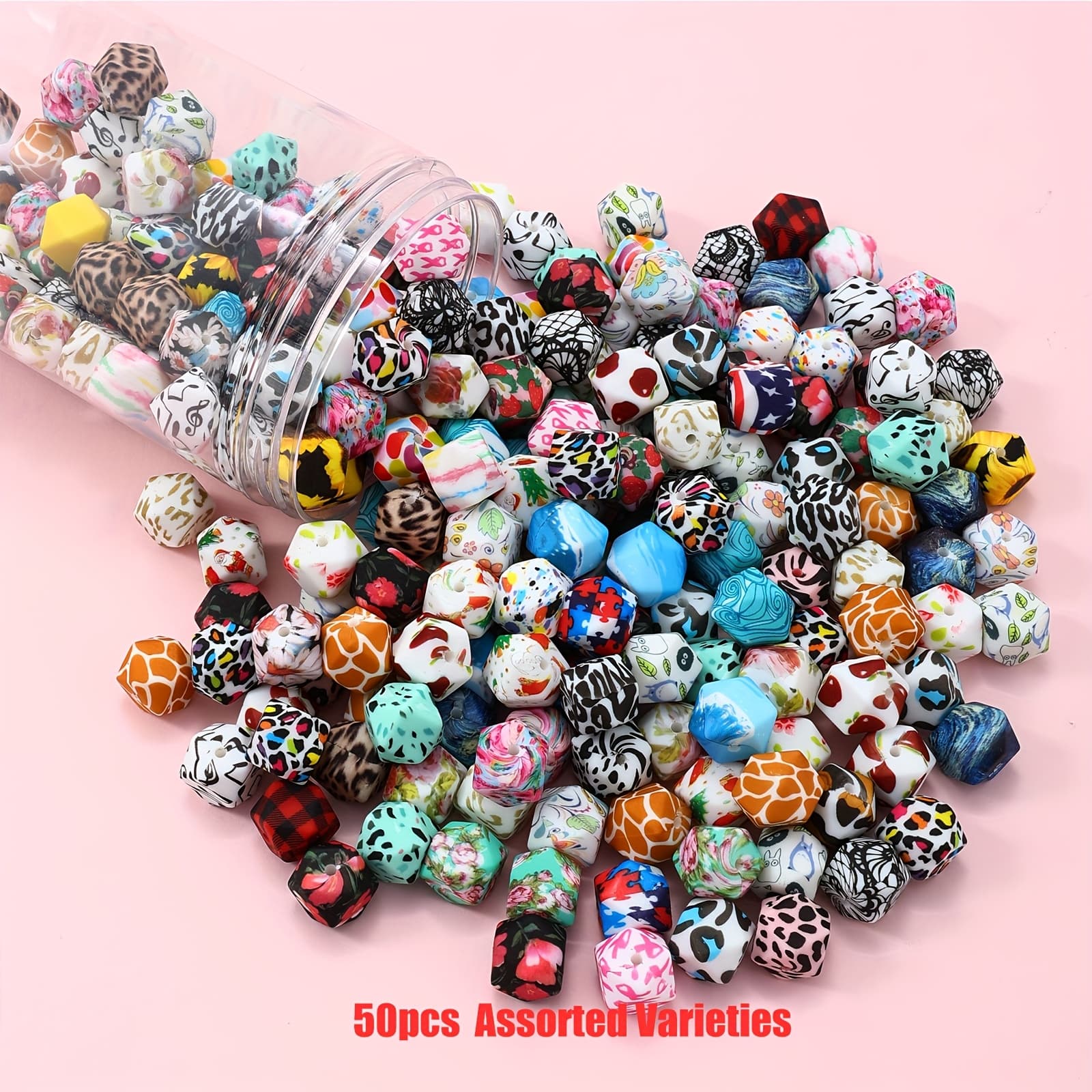 TEMU 50pcs/ 100pcs, 14mm Hexagonal Silicone Set, With Random Colors And Styles Of Silicone Beads And Agate Beads. Suitable For Diy Keychains, Bracelets And Necklaces Making.