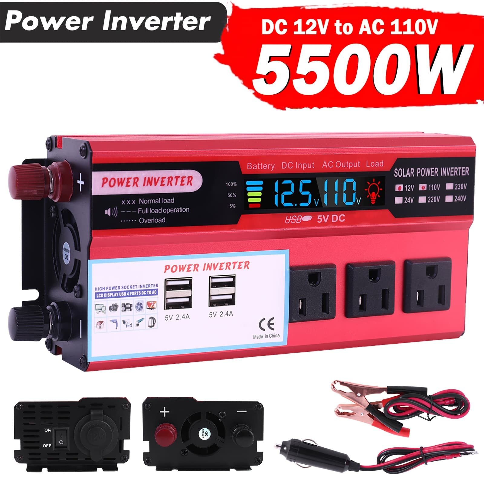TEMU 5500w Power Inverter, Car Pure Sine Wave Inverter 12v To Ac 110v, With Lcd Digital Display And 4 Usb Ports, 3 Us Sockets, Fast Charging For Vehicles Trucks Rvs And Outdoor
