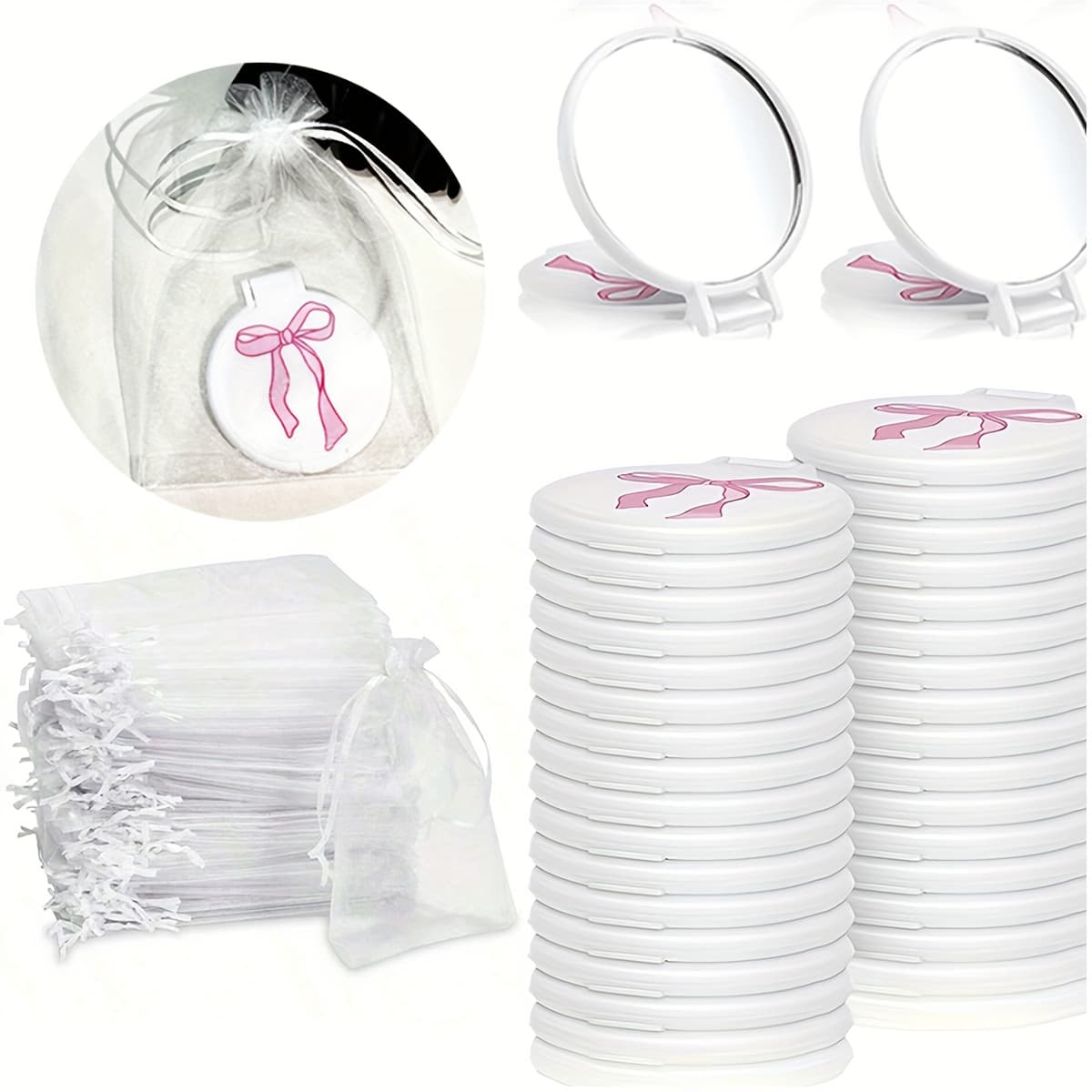 TEMU 24pcs Pink Bow Mini Pocket Mirror Set - Compact Round Makeup Mirrors With White Bags, Ideal For Women's Gifts, Birthdays, And Bridal Showers, Portable And Foldable, Makeup Vanity Accessories