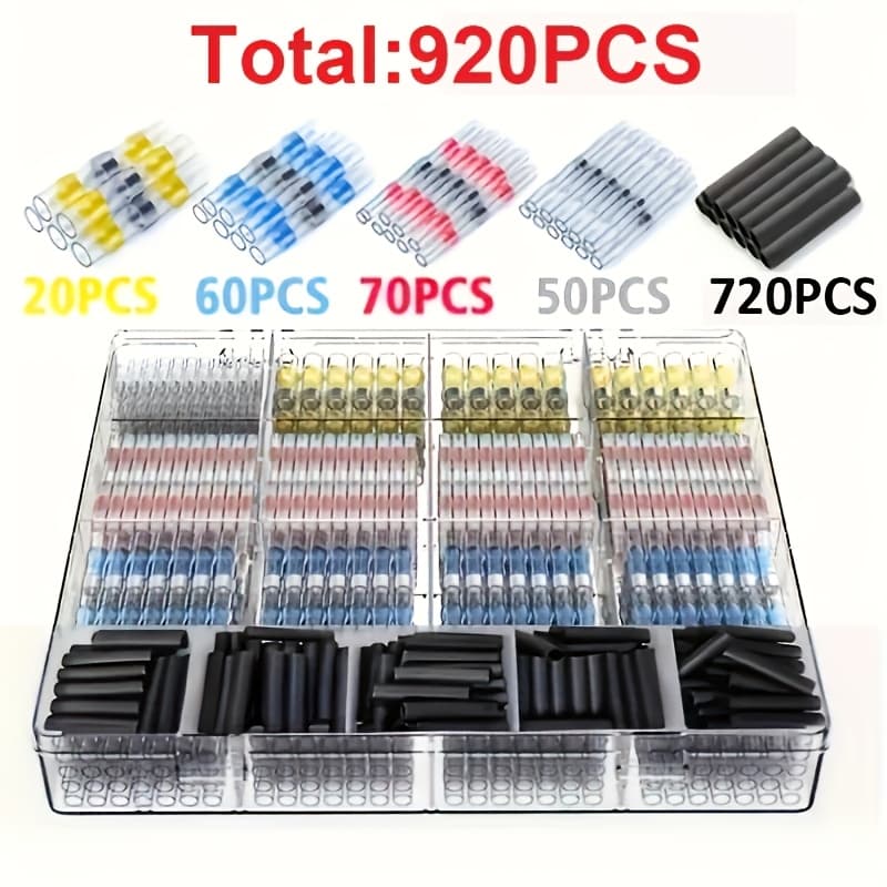 TEMU A Kit Containing 920pcs Of Solder Ring Heat Shrink Terminals, Designed For Solder Sealing In Electrical Connections, Suitable For Use In Marine, Automotive, And Truck Wiring Applications