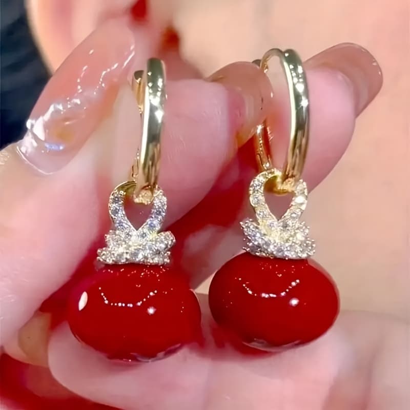 TEMU 1 Pair Of Elegant And Festive Women's Red Earrings With Copper Ear Buckles, Perfect For Daily Casual Wear Or Important Holidays