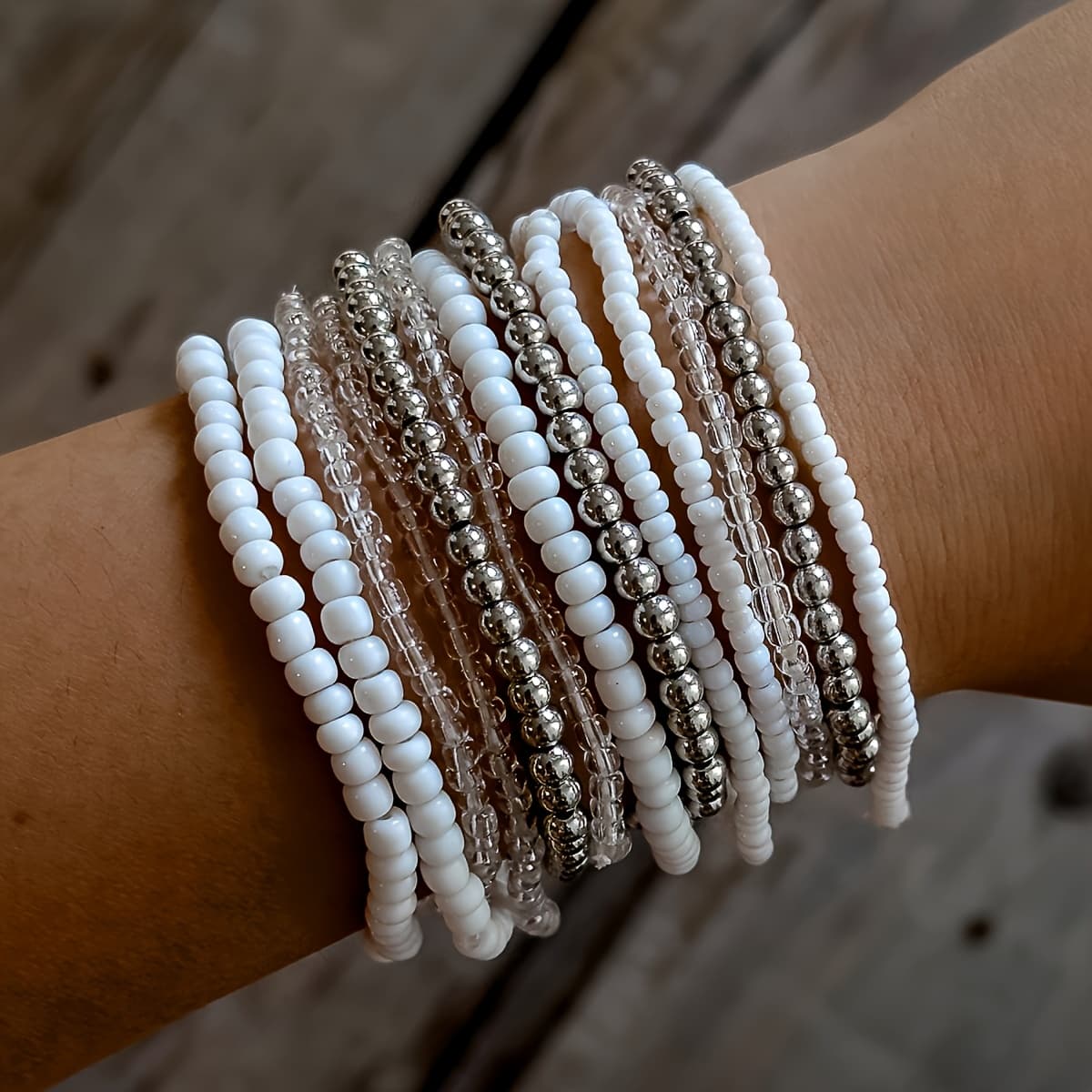 TEMU 13pcs Bohemian Transparent Beaded Stretch Cord Stackable Bracelet Set For Women, Perfect For Beach Parties And Gifts