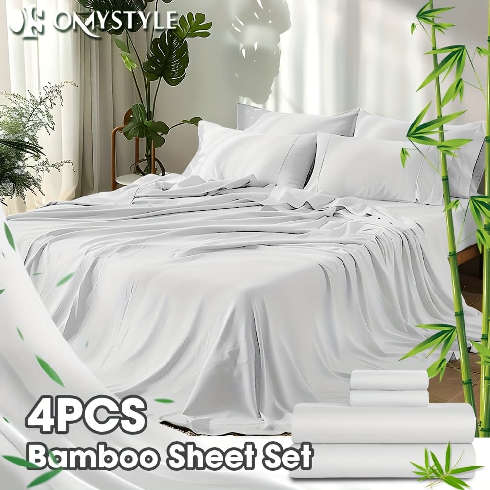 TEMU Luxurious 4pcs Bamboo Bed Sheets Set -queen Size 2000 , Premium Fitted Sheet Set, Breathable & Cooling Flat Sheet And Pillow Cases, Deep Pocket For