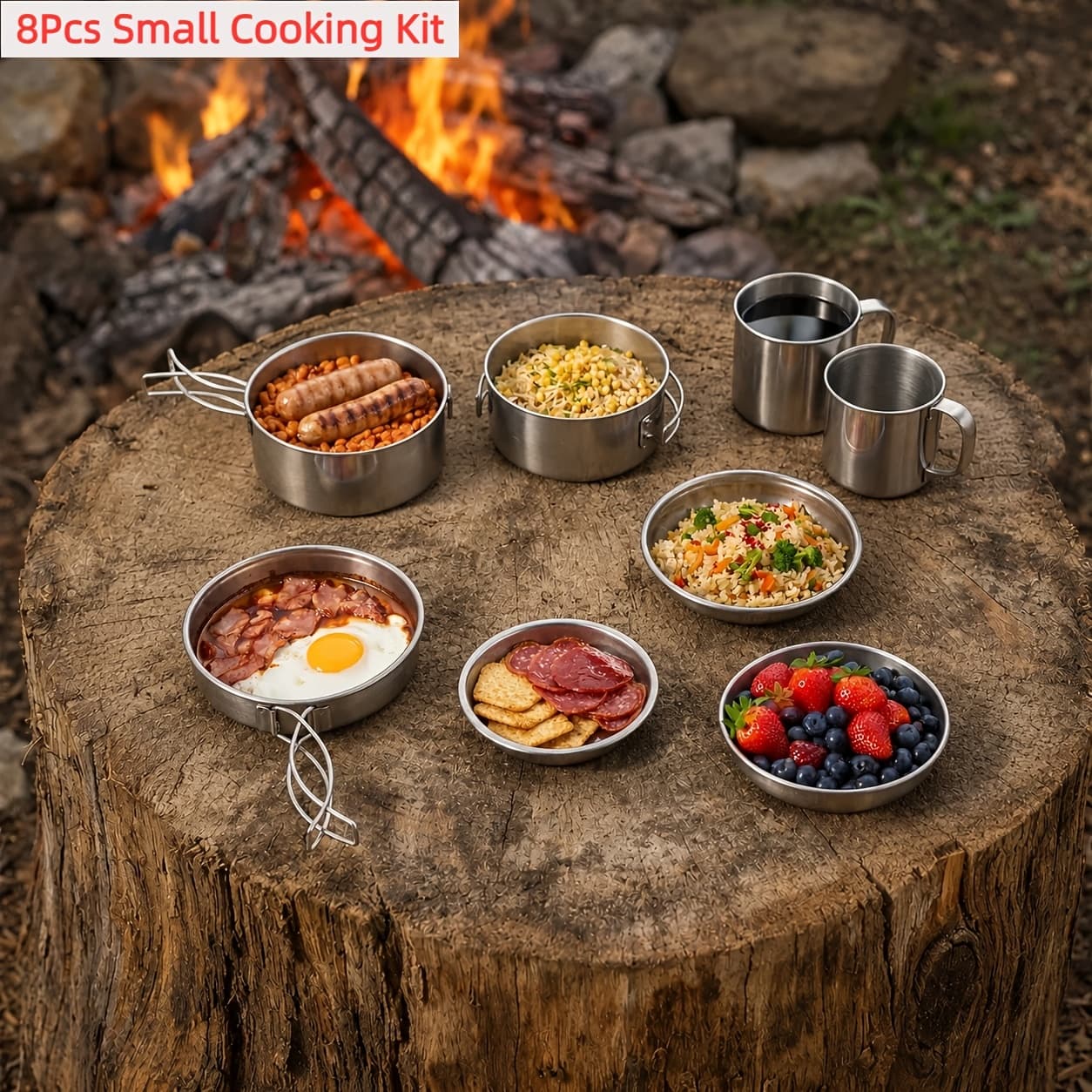 TEMU 8/9/14/15pcs Camping Cookware Mess Kit, Portable Aluminum Alloy Cookware, Kettle Pot Frying Pan Plates Forks Knives Spoons For Camping, Backpacking, Outdoor Cooking