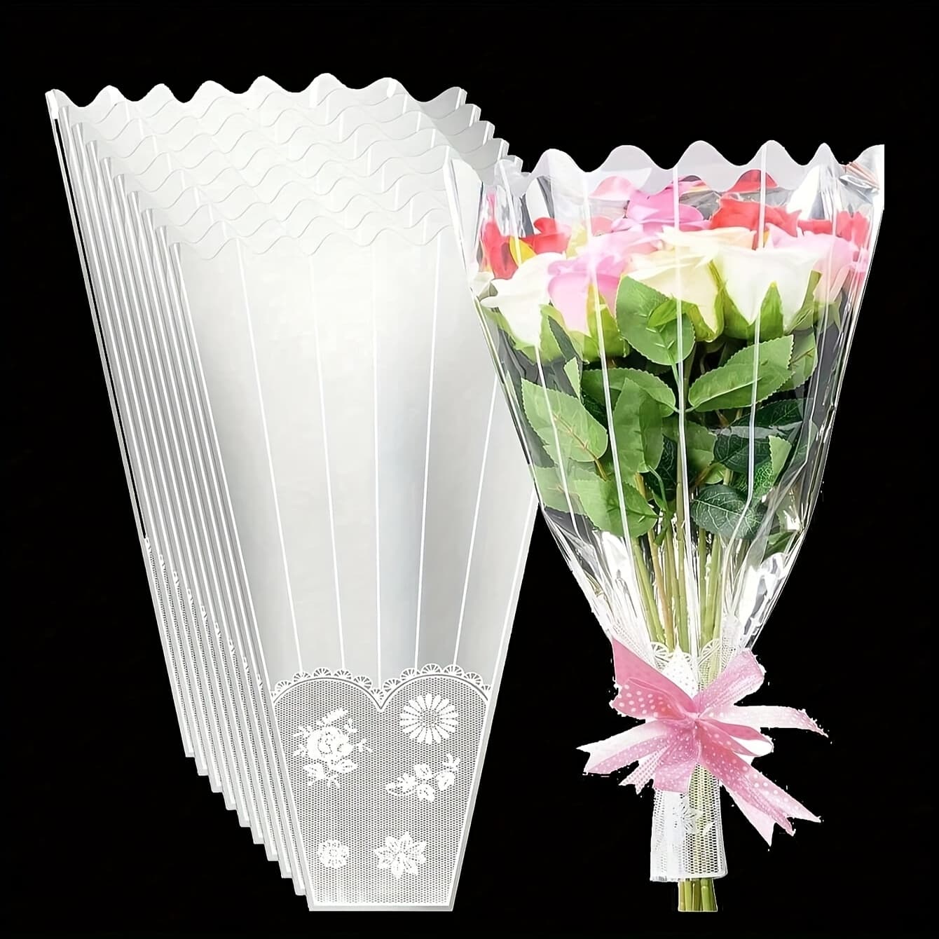 TEMU 10pcs Flower Bags For Bouquet Plastic Transparent Floral Wrapping Bags 11 X 17 Inch Clear Bouquet Sleeves Bulk With Lace Decor Disposable Flower Packaging For Flower Shop