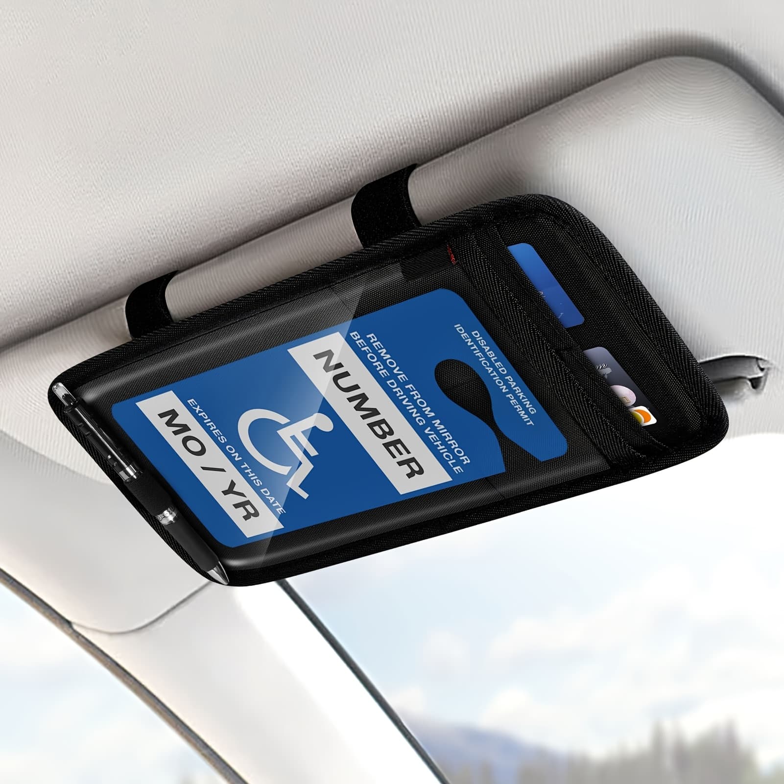 TEMU Handicap Placard Holder For Car Visor Car Sunshade , Disabled Parking Permit Sign Protector With Pen Holder, Card Slots And Elastic Strap, Black (holder )