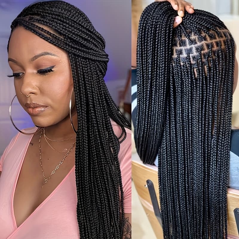 TEMU Stylish Long Braided Wig For Women - 34 Inches, From Synthetic Materials, Heat-resistant Fibers, Offering Full Lace Coverage And Styling Options