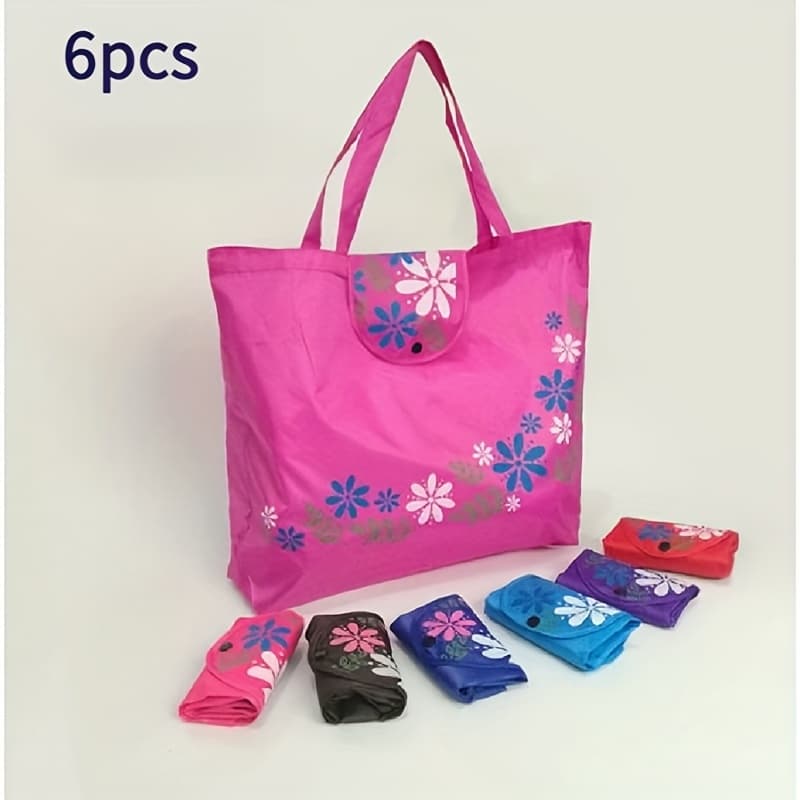 TEMU 6-pcs Random Color Reusable Shopping Bags, Portable Foldable Storage Bags With Handles And Button Closure, Leak-proof Rectangular Bags, Suitable For Thanksgiving And Earth Day