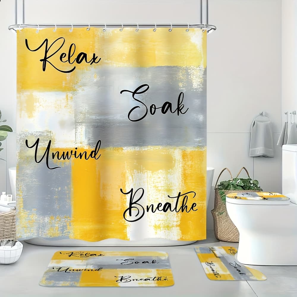 TEMU 4pcss Bathroom Set - Complete Set With Graffiti Print Pattern, Elegant For Home Decor, Bath Curtain, Full 4pcss Toilet Seat Cover, , Includes 12 Durable Hooks - For