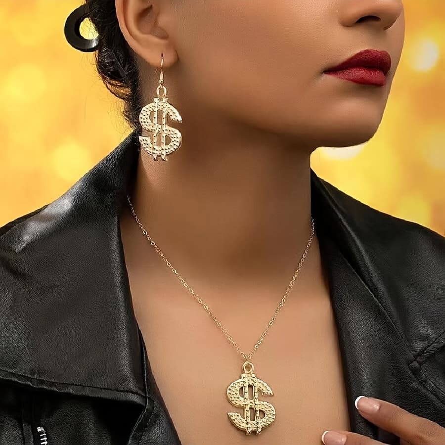 TEMU 1 Set Of European And Elegant Hip-hop Dollar Sign Temperament Letter Stud Earrings Necklace Set Suitable For Vacation Daily Wear ()