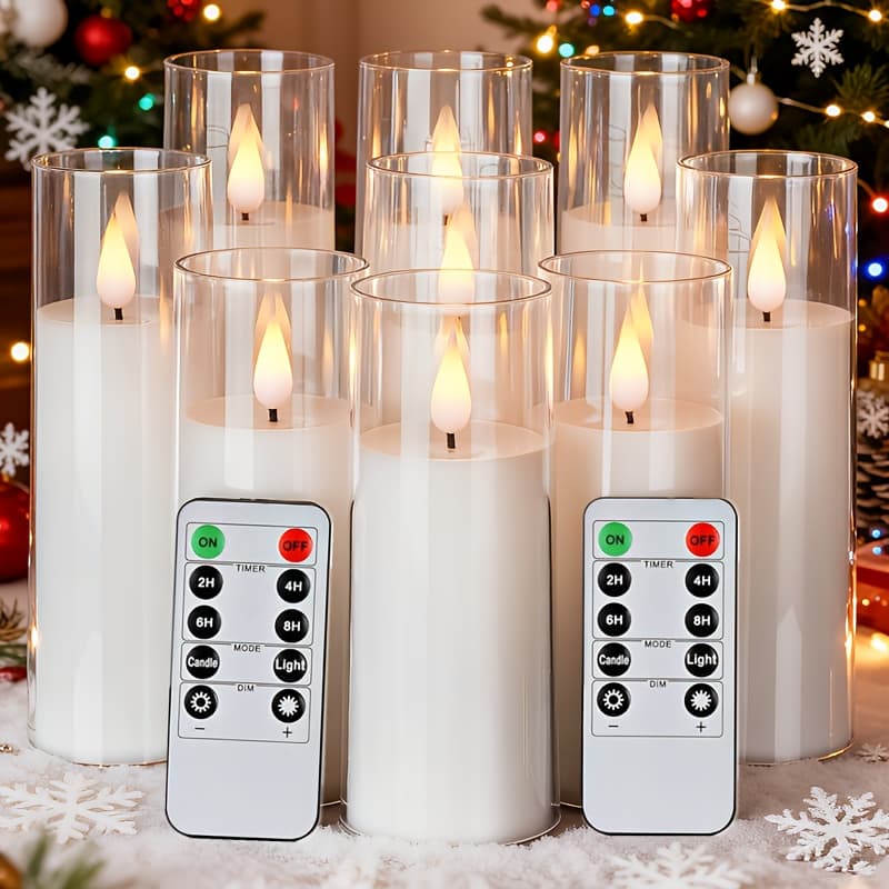 TEMU 5/9pcs Flameless Candles, Battery-operated Candles, With Remote Control And Timer, Flickering Led Pillar Candles, Suitable For Christmas, Weddings, And Home Decor, Warm Yellow Light