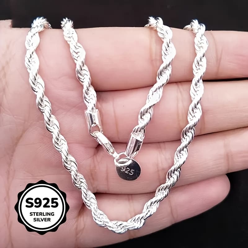 TEMU New 925 Sterling Silvery Twisted Rope Necklace, Simple Hip-hop Style, Shiny Basic Chain, Women's Jewelry, Elegant Design