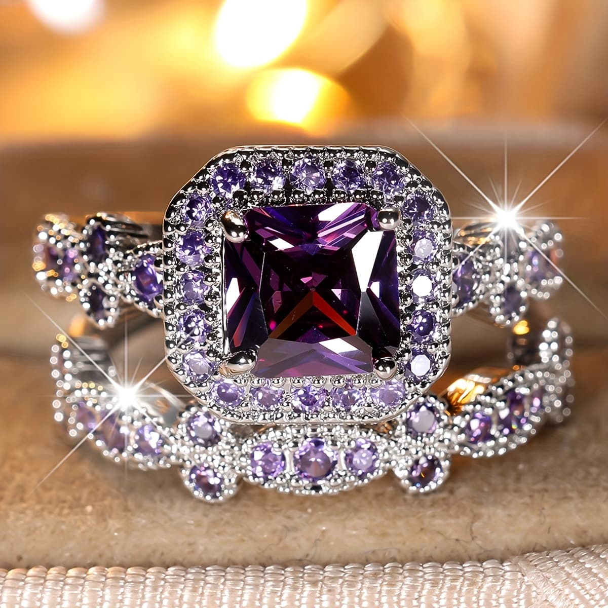 TEMU 2pcs Of Rings With Lace Design, Featuring Square-cut Purple Synthetic Zirconia, Suitable For Engagement And Proposal, In Sizes 5 To 13
