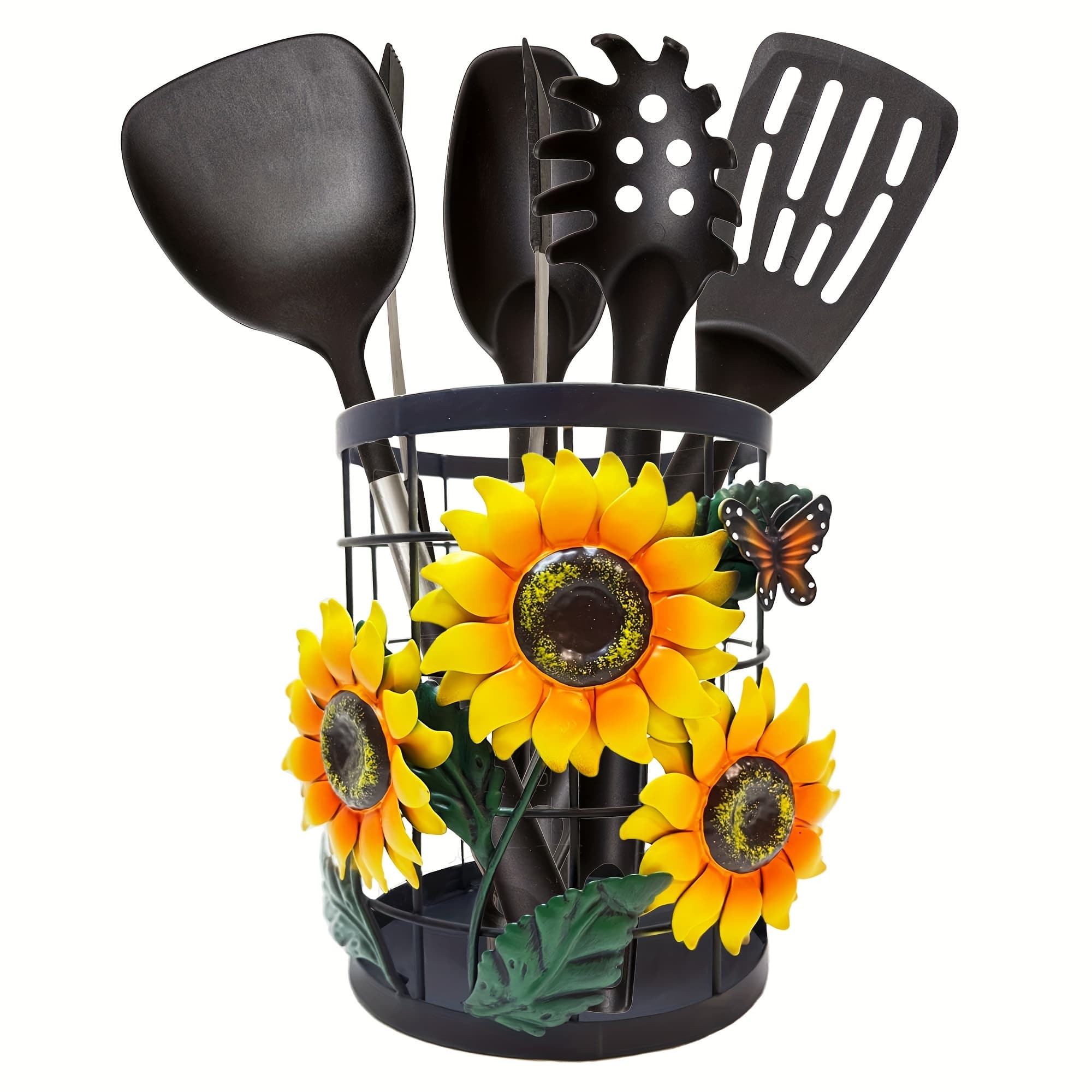 TEMU Cast Iron Sunflower Utensil Holder - Rustic Farmhouse Kitchen Decor With Accents, Polished Metal Utensil Organizer For Countertop, 6x7 Inch Durable Kitchen Storage & Housewarming Gift