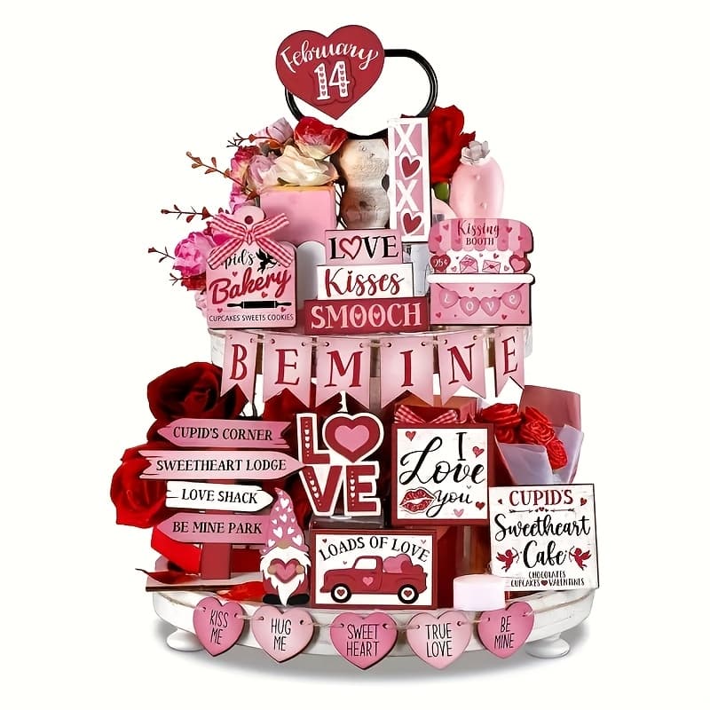 TEMU 22pcs Valentine's Day Wooden Decoration Set - Country Style Layered Tray Accessories With Heart And Dwarf Patterns, Polished, Battery Free - For Decoration