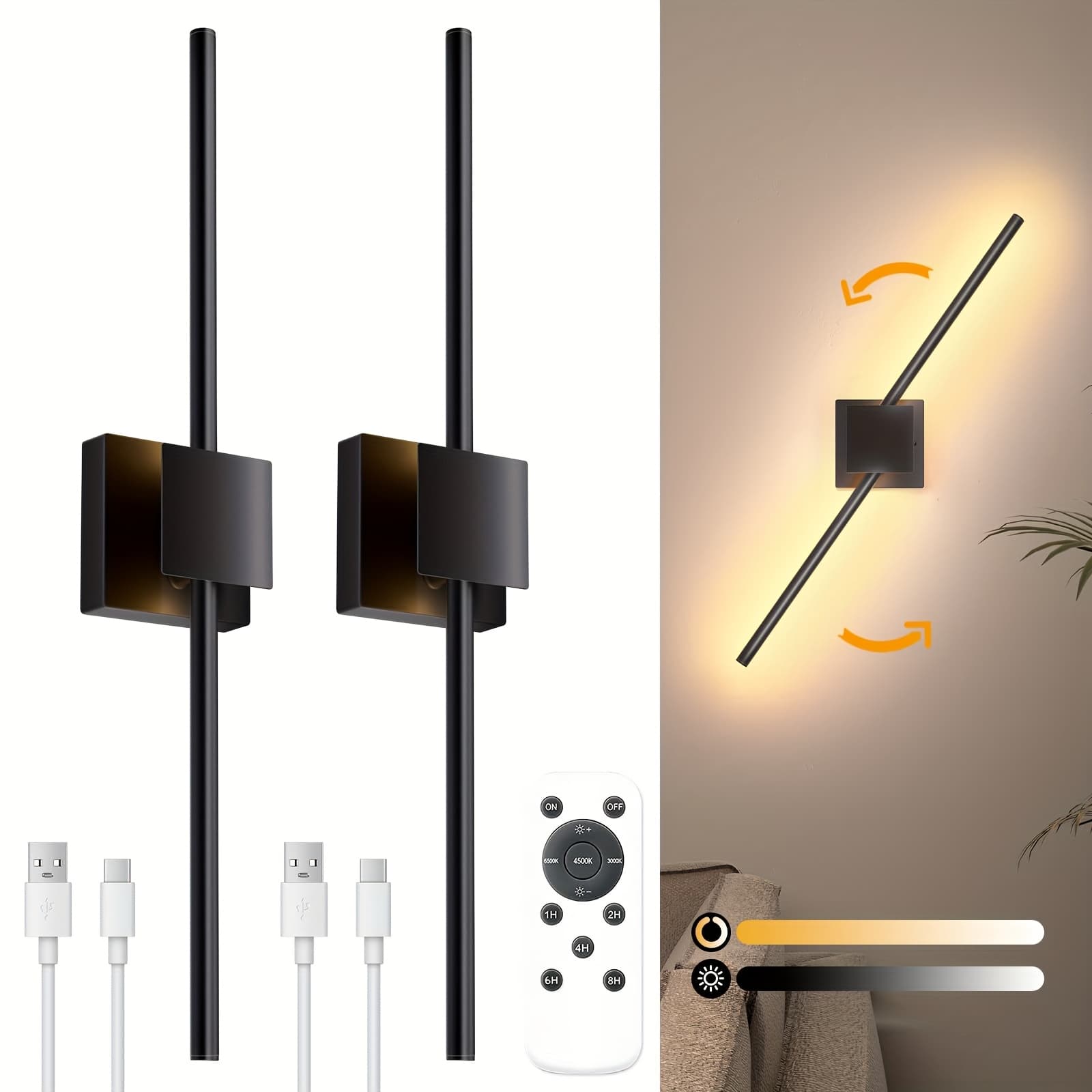 TEMU 2packs Battery Operated Wall Sconces, Dimmable Wall Sconces Set Of 2 With Independently Rotatable , 3000k-6500k Led Wall Lights For Living Room, Bedroom, 28.3 Inch