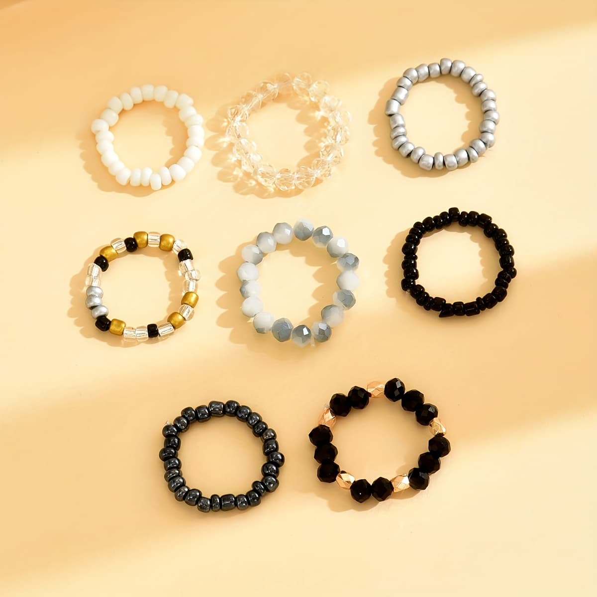 TEMU 8pcs/set Summer Beach Vacation Colorful Rice Bead Elastic Rope Ring Set Bohemian Style Mixed Color Matching Hand Accessories
