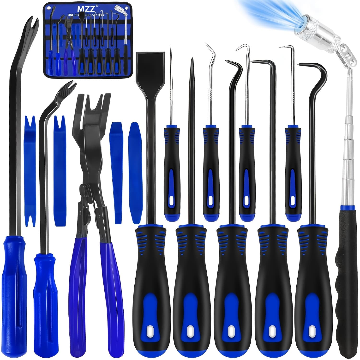 TEMU 17pcs Hook And Pick Tool Set With Scraper Removal Plier Fastener Remover Rivets Puller Mechanic Car Trim Removal Tool Kit Gasket Telescoping Magnetic Pickup Hand Automotive Tools (blue)