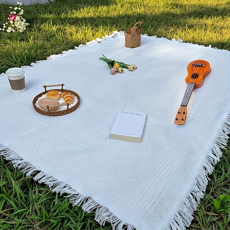 TEMU Outdoor Blanket Portable Thickened Picnic Mat White Checkered Cover Blanket Bed Blanket Sofa Throw Camping Mat Beach Towel, Courtyard Garden Tent Pad Warm Blanket