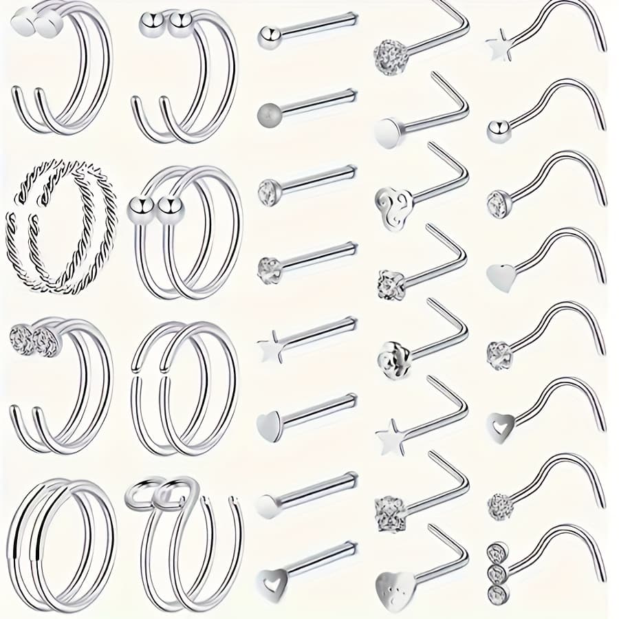 TEMU 40/55pcs Of Fashionable Stainless Steel Nose Studs And Nose Rings Set - Inlaid With Shiny Synthetic Synthetic Zirconia, Suitable For Women' Wear