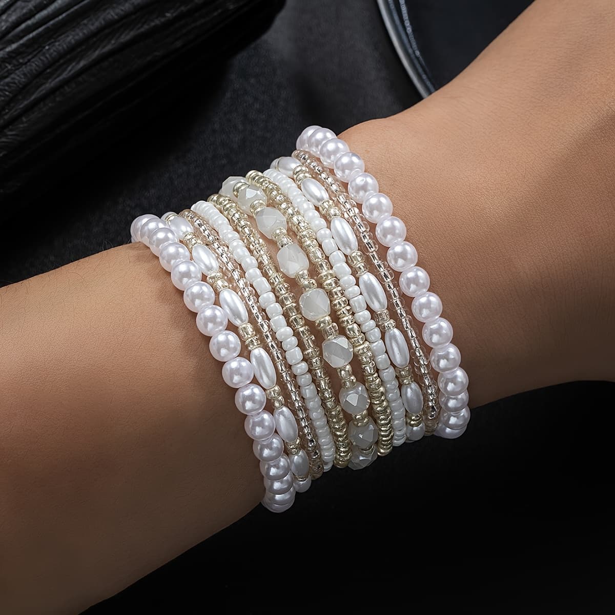 TEMU 11pcs Stacked Resin Rice Bead Beaded Bracelet Set, Easy And Fashionable Women's Summer Casual Wrist Chain Jewelry, Suitable For Daily Vacation Beach Wear