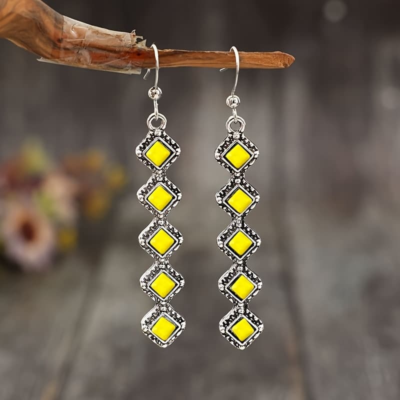 TEMU A Pair Of Retro Ethnic Bohemian Long Strip Square Spliced Turquoise Alloy Creative Earrings