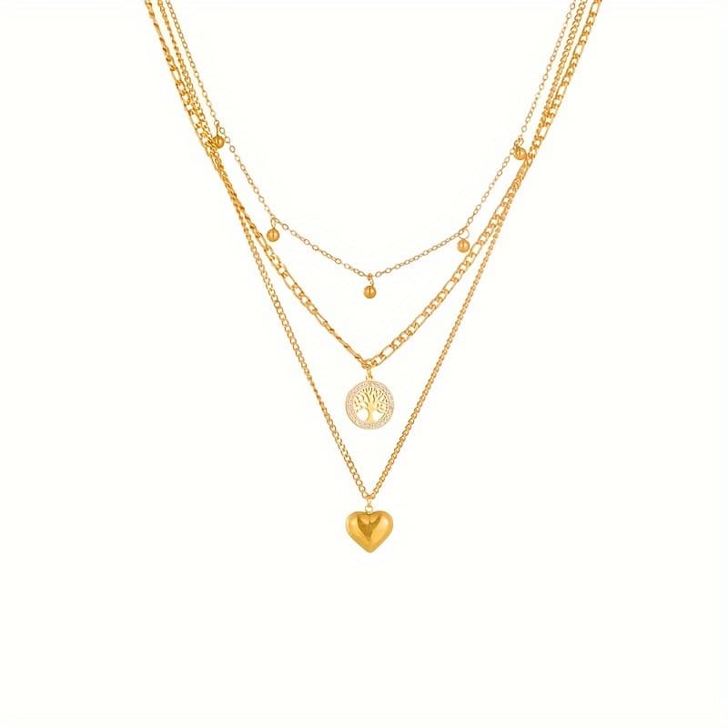 TEMU Fashionable Stainless Steel 3 Layer Golden Necklace Tree Shaped Heart Pendant Necklace Jewelry Gift