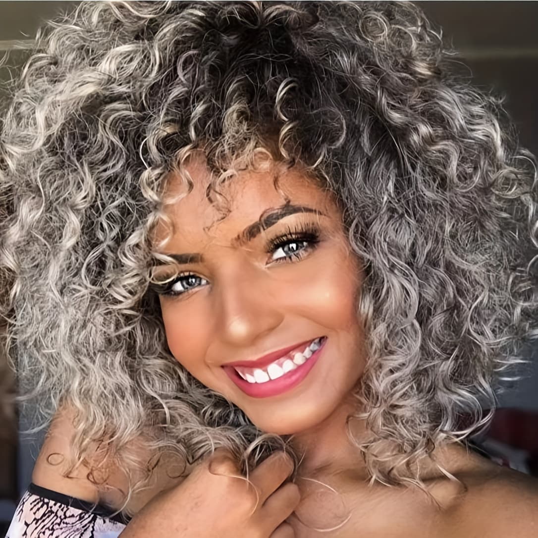 TEMU New European And N Small Curly Hair Silvery Wig Wig African Puffy Explosion Chemical Fiber High Temperature Protein Filaments Head Cover