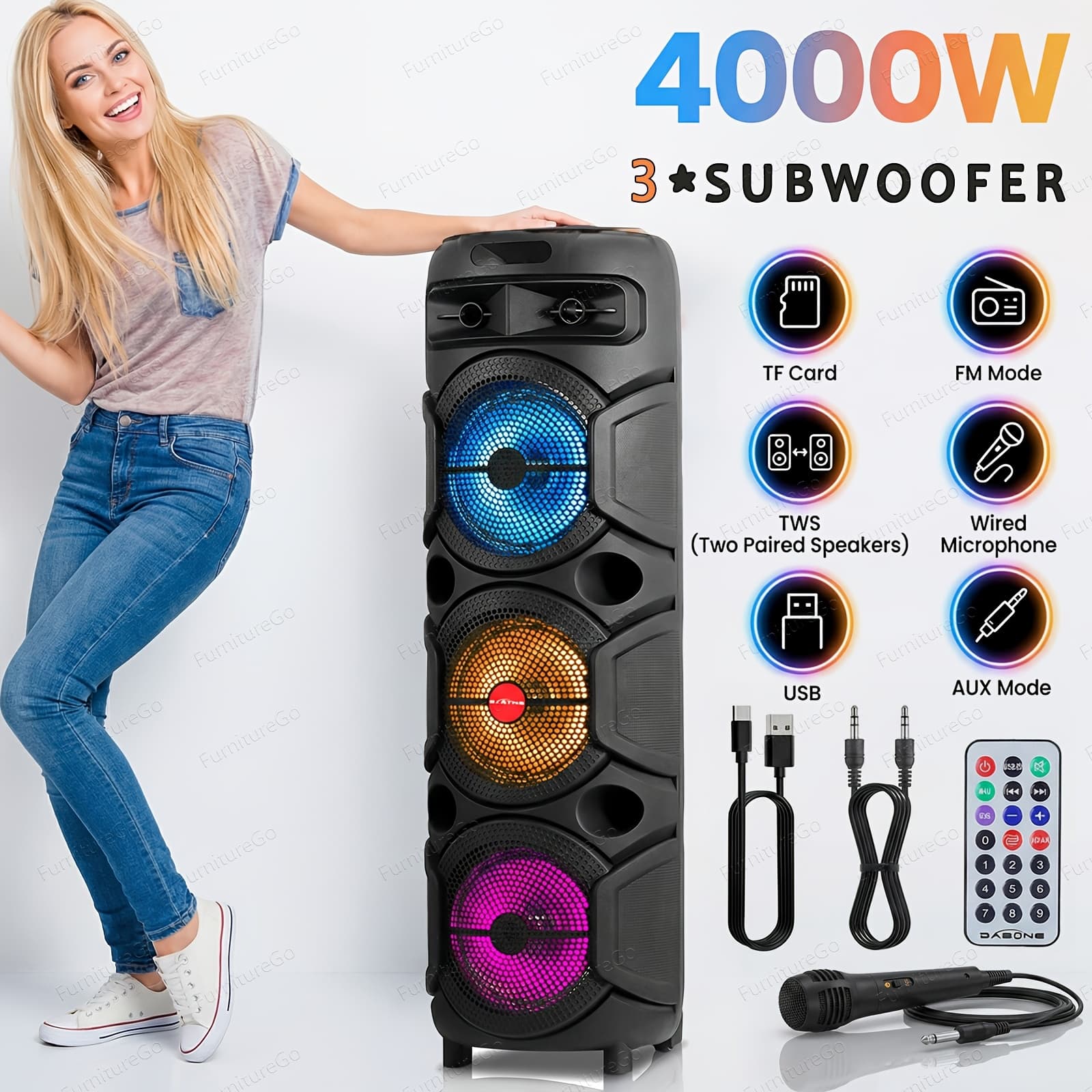 TEMU Inch Wireless Pa Speaker System - 4000w Rechargeable Outdoor Wireless Speaker Portable Pa System Wired Microphone, For Party Lights, Usb, Radio, Remote, Aux, Tf Card For
