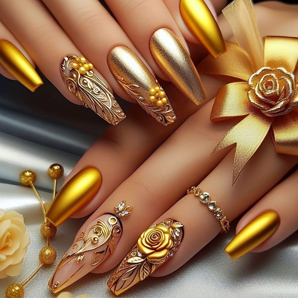 TEMU Look, 24 Medium Ballet Fake Nails, Luxury Golden Embossed Rose Flower Wearing Nail Design, Glow Removable Fake Nail