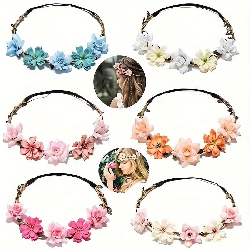 TEMU 6 Bohemian Wreath Headbands, Suitable For Women And - Optional, Wedding Wreath Headwear, Bridesmaid And Flower Accessories, Adjustable Bohemian Hair Band For Festive Occasions