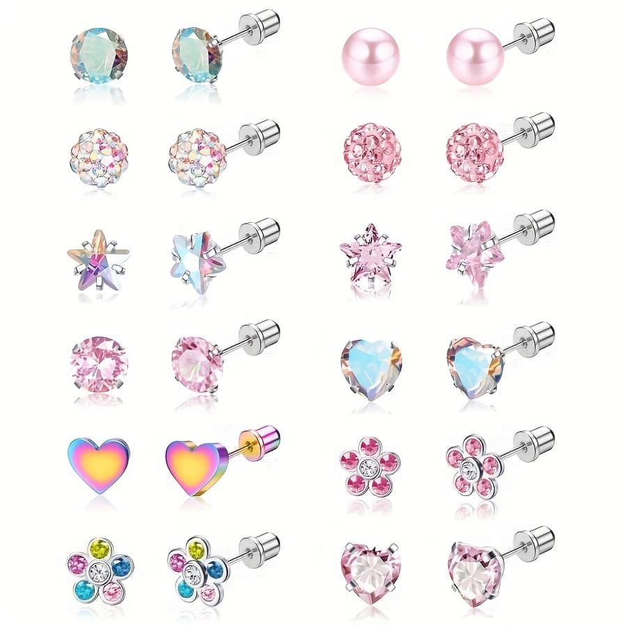 TEMU 24pcs Stainless Steel Pentagram Ear Bone Nail High-end Pink Cute Small Fresh Flower Spiral Earrings Screw-in Ear Studs