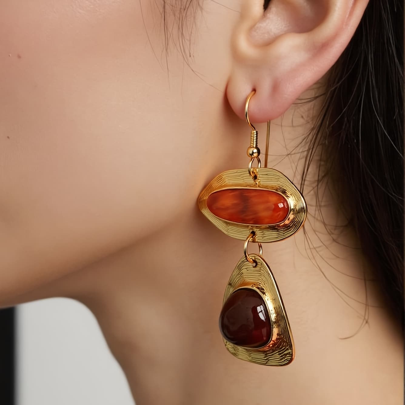 TEMU Vintage Resin Long Dangle Earrings With Ear Hooks, Versatile High-grade Luxury