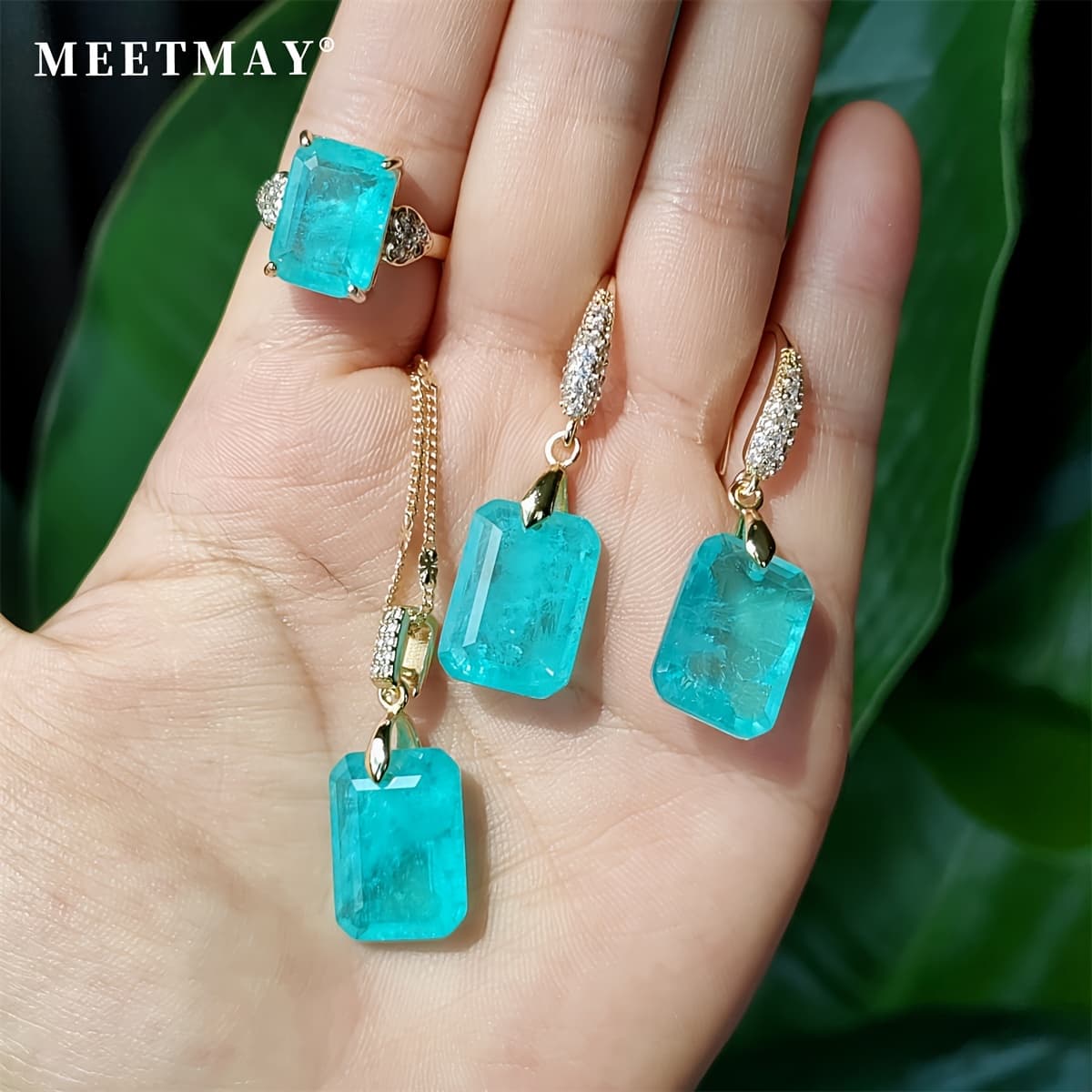 TEMU Elegant Blue Artificial Synthetic Artificial Crystal Jewelry Set For Women - Includes Pendant Necklace, Earrings & Ring With Unique Textures
