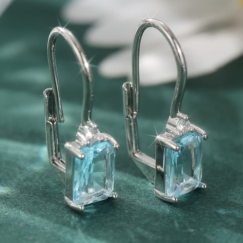TEMU Elegant Square-shaped Earrings Made From Copper, Featuring Handcrafted Of Synthetic Light Blue Zirconia, Perfect For Women's Fashion And Parties