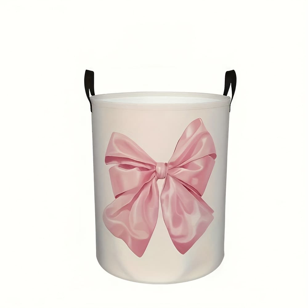 TEMU 1pc, Pink Satin Bow Pattern Storage Basket, Suitable For Bedrooms, Laundry Rooms And Dormitories. Handled Storage Basket, Round Laundry Hamper, Laundry Baskets