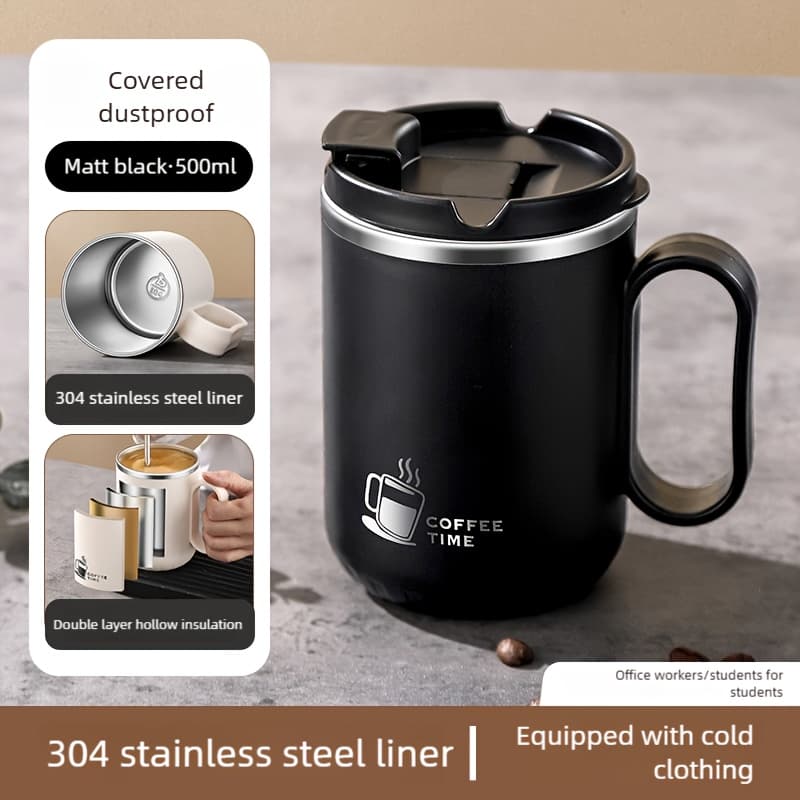 TEMU 1-pack 500ml 304 Stainless Steel Coffee Cup, Leak-proof Portable Double-layer Mug - Double Drinking Spout, Suitable For Office, Home And Travel