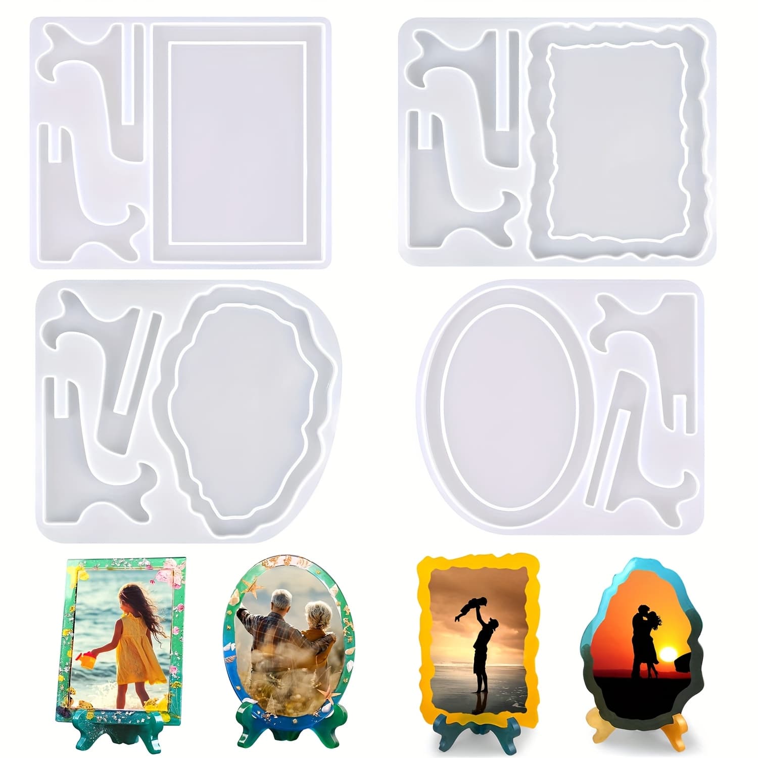 TEMU 4pcs Resin Mold For Photo Frame, Picture Frame Resin Molds With Stand Holder, Rectangle & Oval Of Irregular Edge Frame Silicone Molds For Resin Casting, Gifts Home Decor