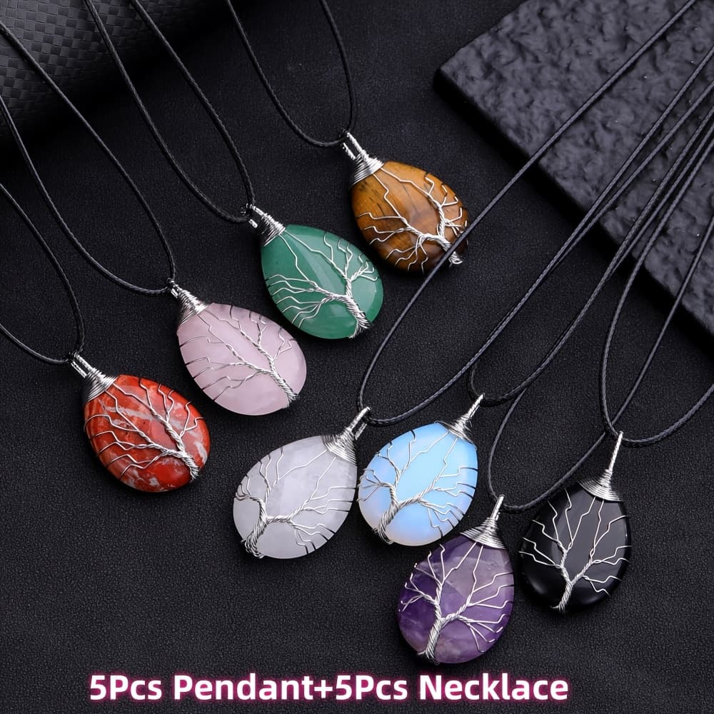 TEMU 10pcs Bohemian Tree Of Life Pendant Necklace, Unisex Natural Stone Amulet Jewelry With Wire-wrapped Design, Elegant Water Drop Shaped Stone, Perfect For