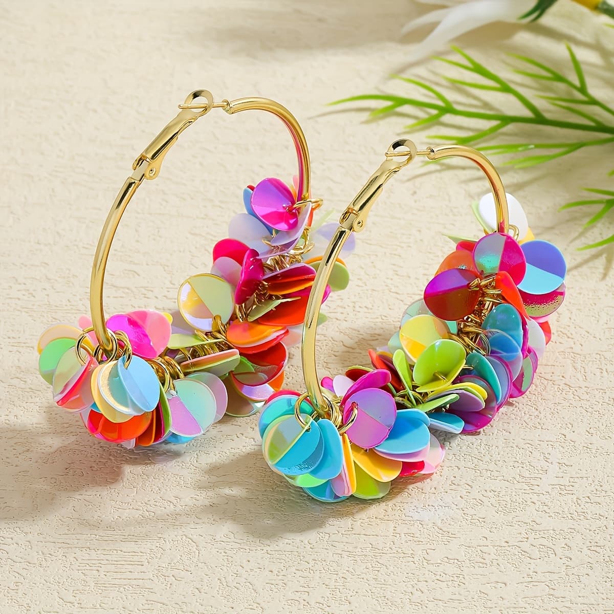 TEMU Bohemian Reflective Laser Colorful Sequin Tassel Earrings, Cute Flower Hoop Earrings For Women, Perfect For Daily Wear And Vacation