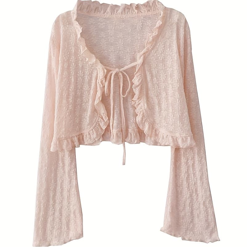 TEMU Elegant And Cute Thin Lace-up Lace Cardigan, Spring/summer Long-sleeve Chiffon Top For Women, Breathable Short Shawl Outerwear Cape