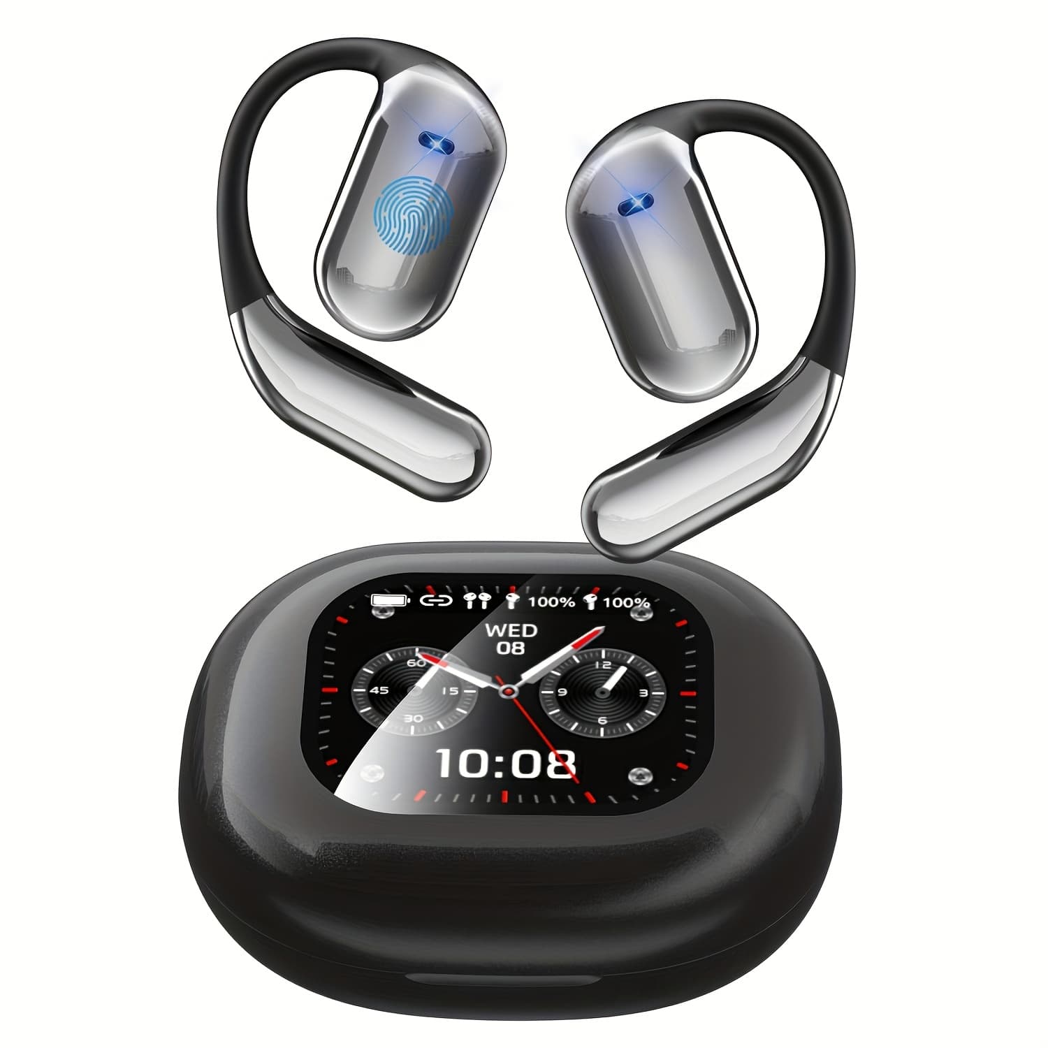 TEMU New Wireless Earphones With Lcd Display - Touch Operation, Ips Screen For Calls And Music , Remote Photography - Ideal For Sports And Entertainment, True Wireless Open Earphones Bt 5.4